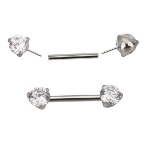 Titanium Threadless Push-In Nipple Barbell with Prong-Set CZ Ends – 1.6mm (14G)